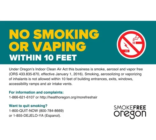Zing No Smoking Sign, Oregon Regulations, 10"W x 7"H, Recycled Plastic