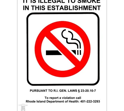 Zing No Smoking Sign, Rhode Island Regulations, 7"W x 10"H, Recycled Aluminum
