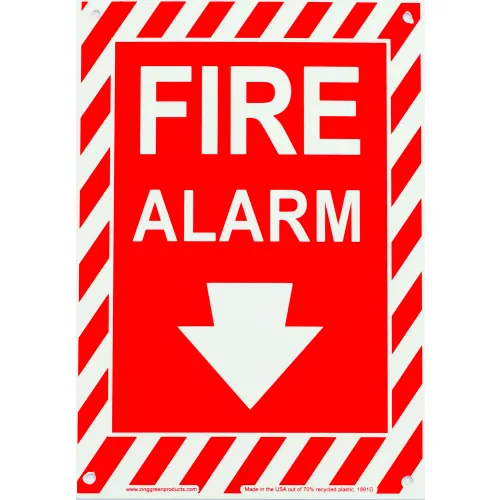 Zing Eco Safety Sign, Fire Alarm with Arrow, 7"W x 10"H, Recycled Plastic, Glow In Dark