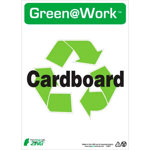 Zing Green at Work Sign, Cardboard with Recycle Symbol, 10"W x 14"H, Black/Green/White