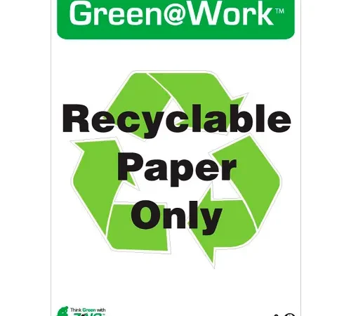 Zing Green at Work Sign, Recyclable Paper Only with Recycle Symbol, 10"W x 14"H, Black/Green/White