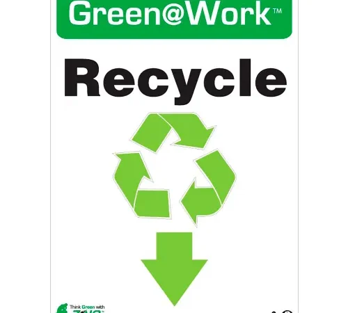 Zing Green at Work Sign, Recycle with Recycle Symbol & Down Arrow, 10"W x 14"H, Black/Green/White