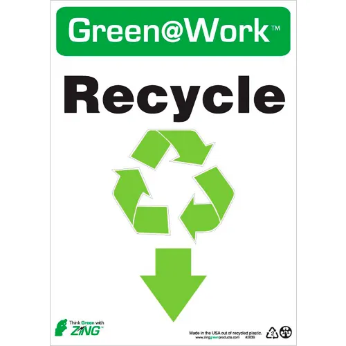 Zing Green at Work Sign, Recycle with Recycle Symbol & Down Arrow, 10"W x 14"H, Black/Green/White