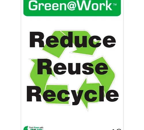 Zing Green at Work Sign, Reduce, Reuse Recycle with Recycle Symbol, 10"W x 14"H, Black/Green/White
