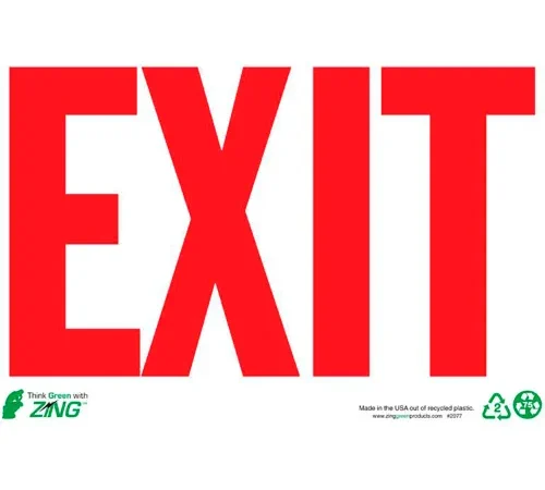 Zing Eco Safety Sign, Exit, Red on White, 14"W x 10"H, Recycled Plastic