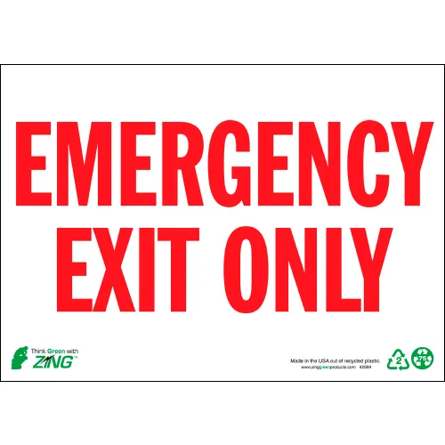 Zing Eco Safety Sign, Emergency Exit Only, 14"W x 10"H, Recycled Aluminum