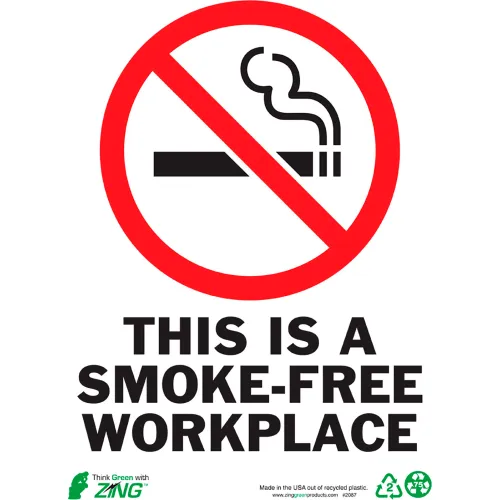 Zing Eco Safety Sign, Smokefree Workplace, 10"W x 14"H, Recycled Polystyrene Self Adhesive