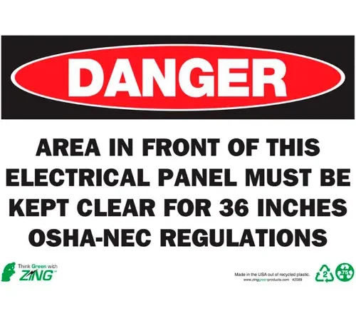 Zing Eco Safety Sign, Danger Electrical Panel, 14"W x 10"H, Recycled Plastic