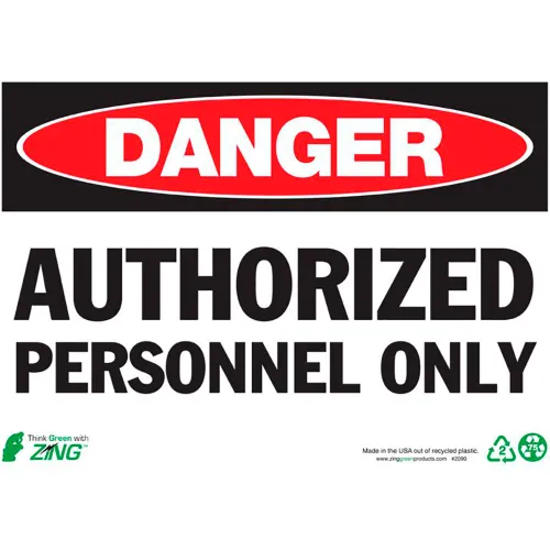 Zing Eco Safety Sign, Danger Authorized Personnel, 14"W x 10"H, Recycled Plastic
