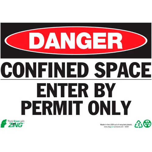 Zing Eco Safety Sign, Danger Confined Space Enter, 14"W x 10"H, Recycled Plastic
