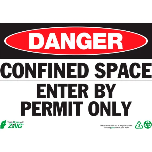 Zing Eco Safety Sign, Danger Confined Space Enter, 14"W x 10"H, Recycled Aluminum