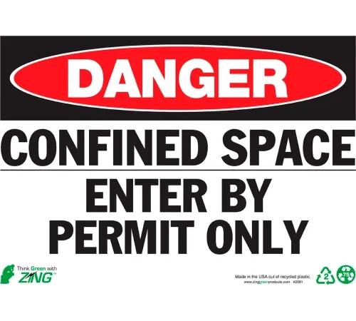 Zing Eco Safety Sign, Danger Confined Space Enter, 14"W x 10"H, Recycled Polystyrene Self Adhesive