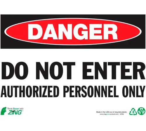 Zing Eco Safety Sign, Danger Do Not Enter Authorized Personnel Only, 14"W x 10"H, Recycled Plastic