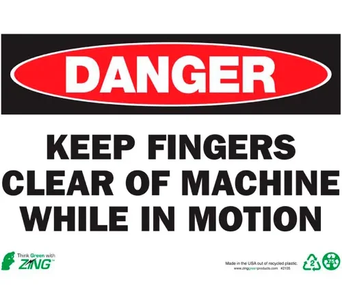 Zing Eco Safety Sign, Danger Keep Fingers Clear Of Machine, 14"W x 10"H, Recycled Plastic