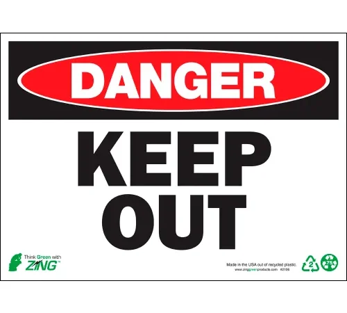 Zing Eco Safety Sign, Danger Keep Out, 14"W x 10"H, Recycled Polystyrene Self Adhesive