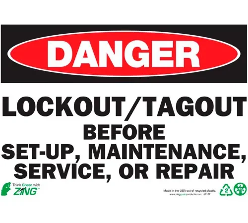 Zing Eco Safety Sign, Danger Lockout/Tagout Before Set Up..., 14"W x 10"H, Recycled Plastic