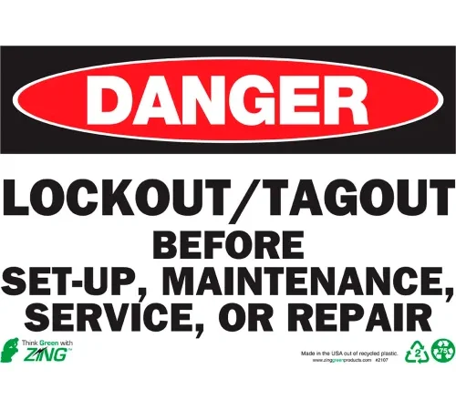 Zing Eco Safety Sign, Danger Lockout/Tagout Before Set Up..., 14"W x 10"H, Recycled Aluminum