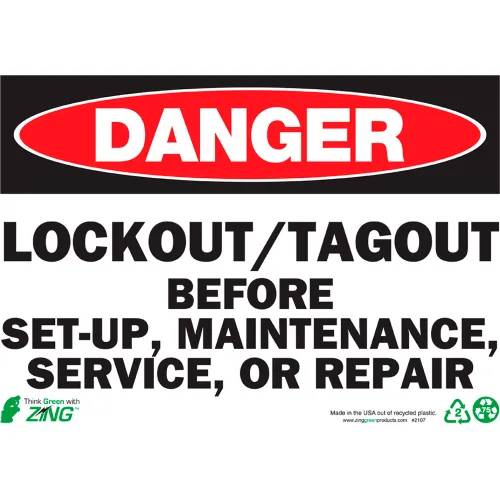 Zing Eco Safety Sign, Danger Lockout/Tagout Before Set Up..., 14"W x 10"H, Recycled Aluminum