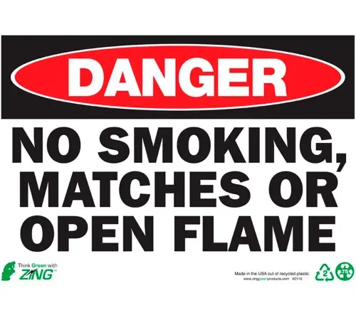 Zing Eco Safety Sign, Danger No Smoking, Matches Or Open Flame, 14"W x 10"H, Recycled Plastic