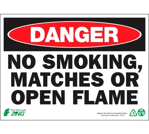 Zing Eco Safety Sign, Danger No Smoking, Matches Or Open Flame, 14"W x 10"H, Recycled Aluminum