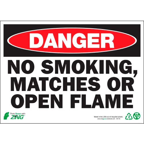 Zing Eco Safety Sign, Danger No Smoking, Matches Or Open Flame, 14"W x 10"H, Recycled Aluminum
