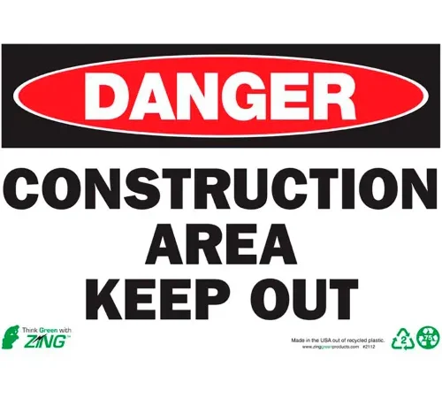 Zing Eco Safety Sign, Danger Construction Area Keep Out, 14"W x 10"H, Recycled Plastic