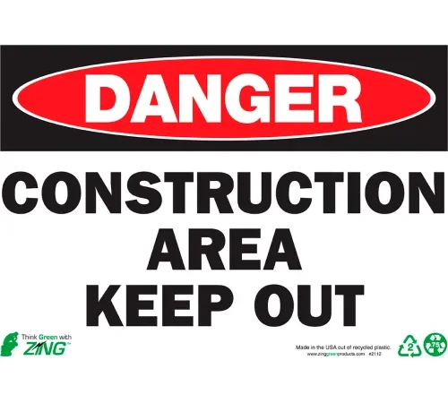 Zing Eco Safety Sign, Danger Construction Area Keep Out, 14"W x 10"H, Recycled Polystyrene