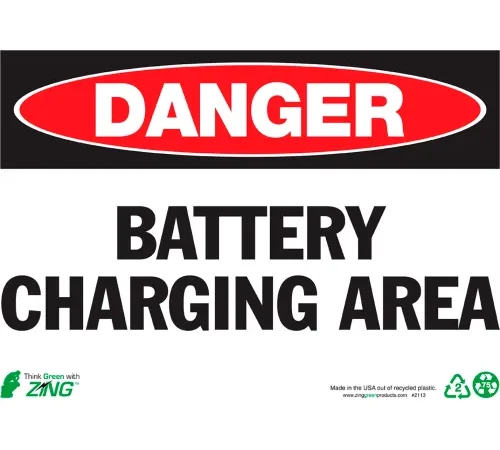 Zing Eco Safety Sign, Danger Battery Charging Area, 14"W x 10"H, Recycled Polystyrene Self Adhesive
