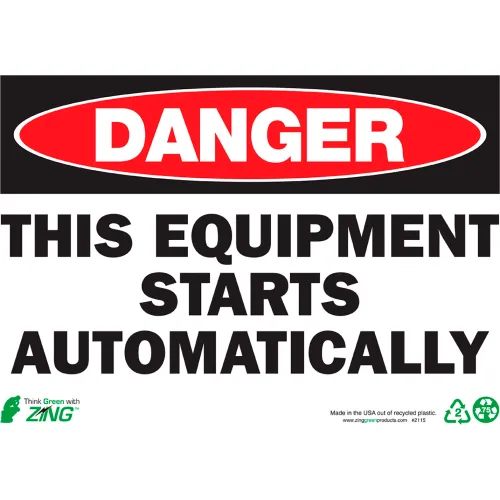 Zing Eco Safety Sign, Danger Equipment Starts Automatically, 14"W x 10"H, Recycled Polystyrene