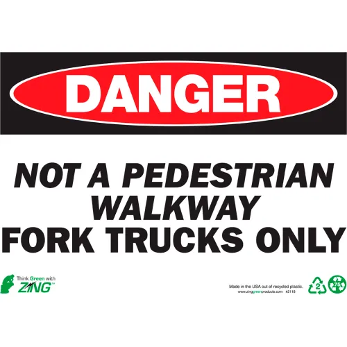 Zing Eco Safety Sign, Danger Fork Trucks Only, 14"W x 10"H, Recycled Polystyrene Self Adhesive
