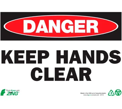 Zing Eco Safety Sign, Danger Keep Hands Clear, 14"W x 10"H, Recycled Plastic