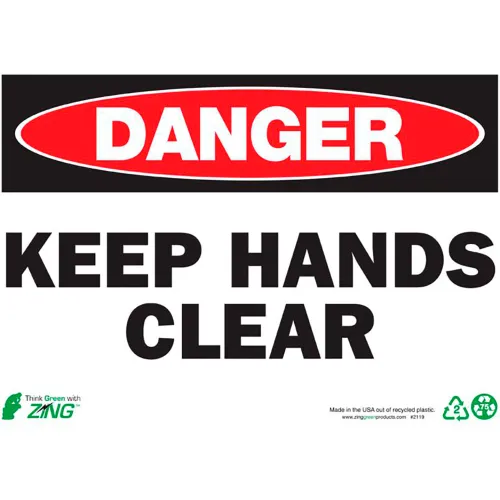 Zing Eco Safety Sign, Danger Keep Hands Clear, 14"W x 10"H, Recycled Plastic