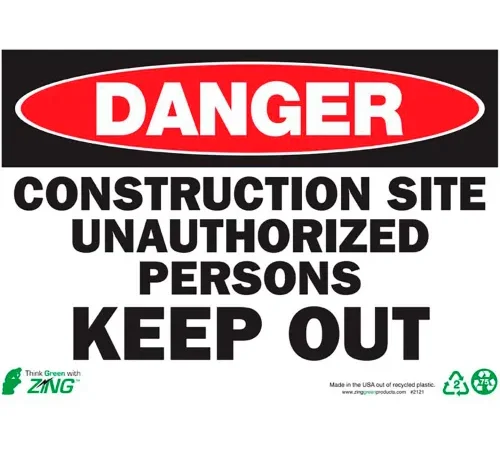 Zing Eco Safety Sign, Danger Construction Site Keep Out, 14"W x 10"H, Recycled Plastic