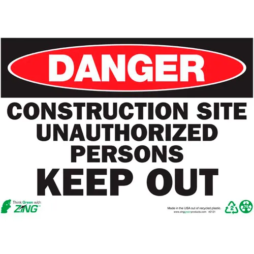Zing Eco Safety Sign, Danger Construction Site Keep Out, 14"W x 10"H, Recycled Plastic