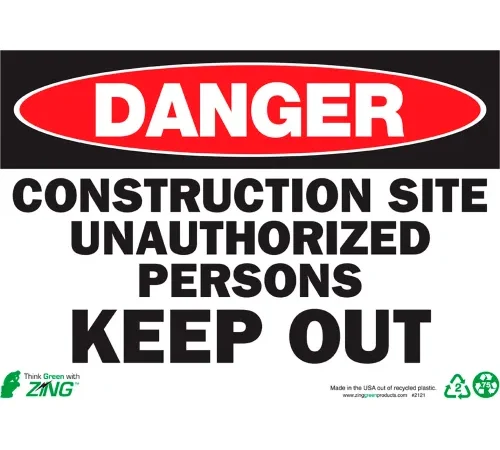 Zing Eco Safety Sign, Danger Construction Site Keep Out, 14"W x 10"H, Recycled Aluminum