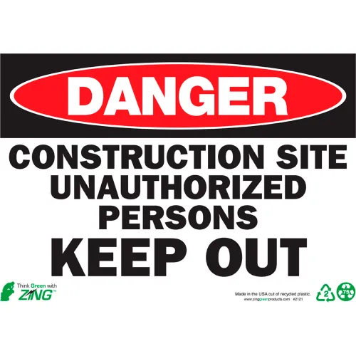 Zing Eco Safety Sign, Danger Construction Site..., 14"W x 10"H, Recycled Polystyrene Self Adhesive