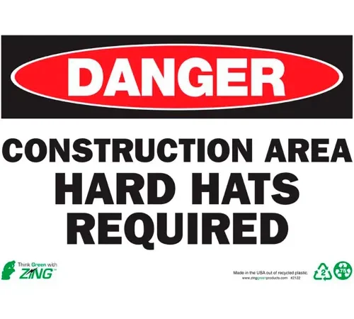Zing Eco Safety Sign, Danger Construction Area Hard Hats Required, 14"W x 10"H, Recycled Plastic