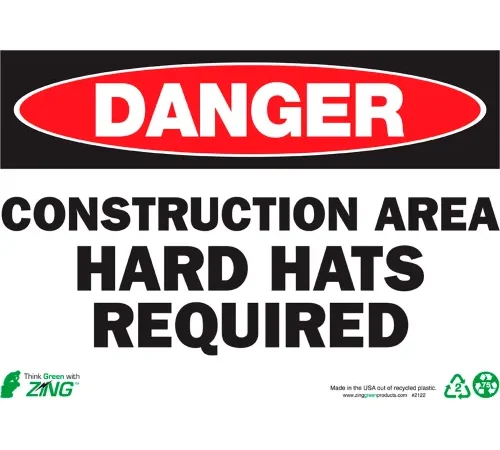 Zing Eco Safety Sign, Danger Construction Area Hard Hats Required, 14"W x 10"H, Recycled Aluminum
