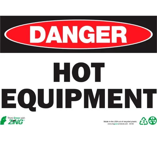 Zing Eco Safety Sign, Danger Hot Equipment, 14"W x 10"H, Recycled Polystyrene Self Adhesive