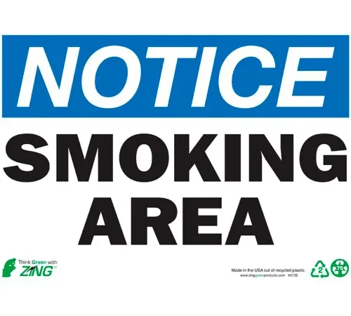 Zing Eco Safety Sign, Notice Smoking Area, 14"W x 10"H, Recycled Plastic