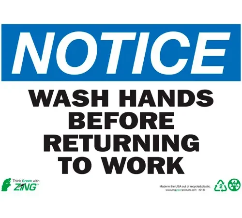 Zing Eco Safety Sign, Notice Wash Hands Before Returning to Work, 14"W x 10"H, Recycled Plastic