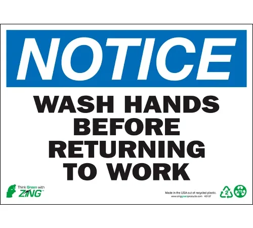 Zing Eco Safety Sign, Notice Wash Hands Before..., 14"W x 10"H, Recycled Polystyrene Self Adhesive
