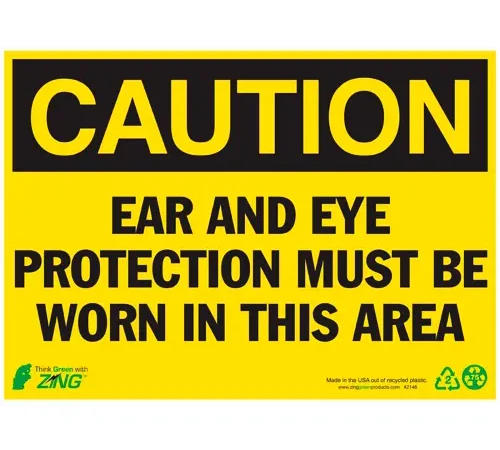 Zing Eco Safety Sign, Caution Ear Protection Required, 14"W x 10"H, Recycled Plastic