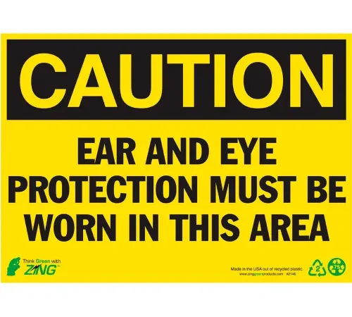 Zing Eco Safety Sign, Caution Ear Protection..., 14"W x 10"H, Recycled Polystyrene Self Adhesive