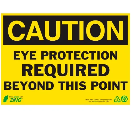 Zing Eco Safety Sign, Caution Eye Protection Required, 14"W x 10"H, Recycled Plastic
