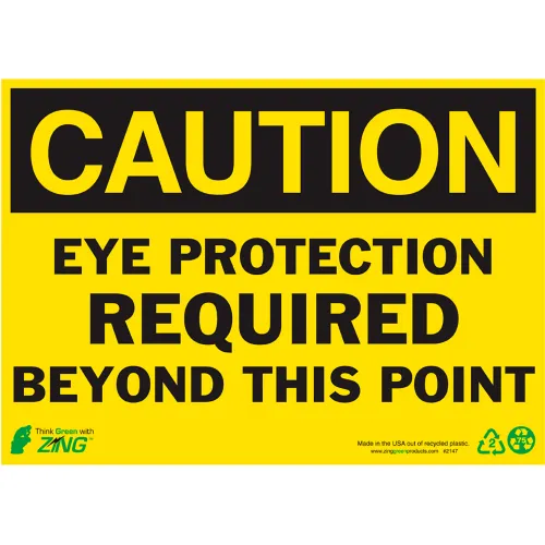Zing Eco Safety Sign, Caution Eye Protection..., 14"W x 10"H, Recycled Polystyrene Self Adhesive