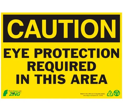 Zing Eco Safety Sign, Caution Eye Protection Required In This Area, 14"W x 10"H, Recycled Plastic