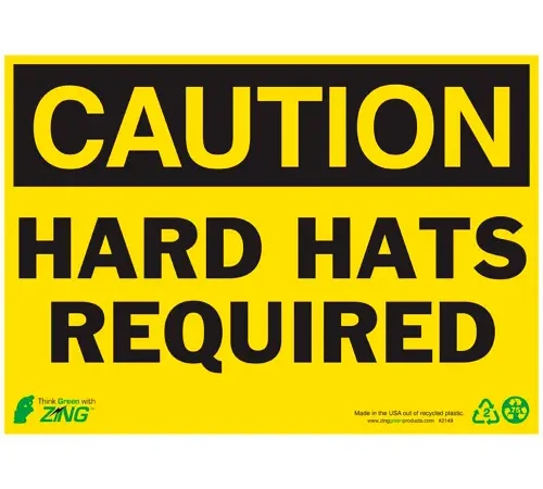 Zing Eco Safety Sign, Caution Hard Hats Required, 14"W x 10"H, Recycled Plastic
