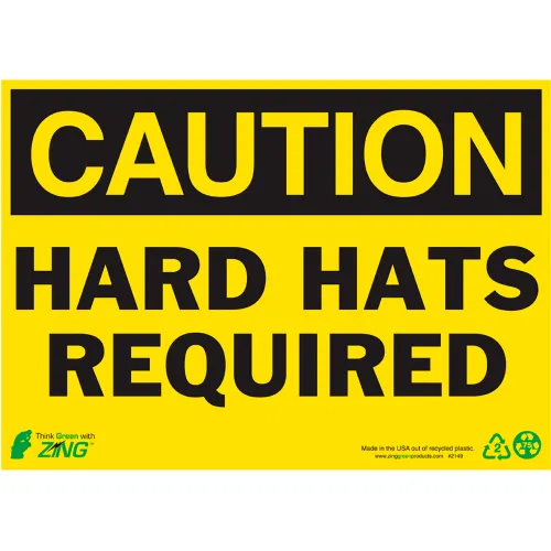 Zing Eco Safety Sign, Caution Hard Hats Required, 14"W x 10"H, Recycled Aluminum