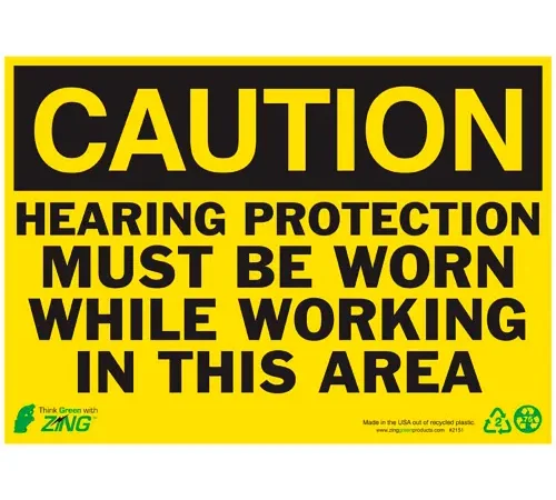 Zing Eco Safety Sign, Caution Hearing Protection Must Be Worn In..., 14"W x 10"H, Recycled Plastic